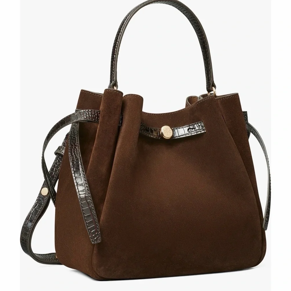 TORY BURCH ROMY SUEDE BUCKET BAG IN DARK COCOA
